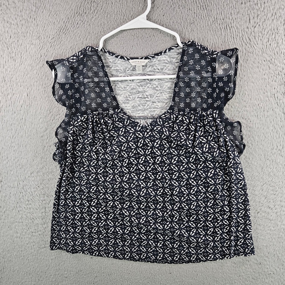 Lucky Brand Womens Navy Blue White‎ Floral Geometric Flutter Sleeve V-Neck Top M